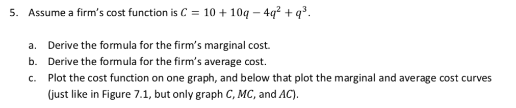 5. Assume a rm's cost function is C = 10 +