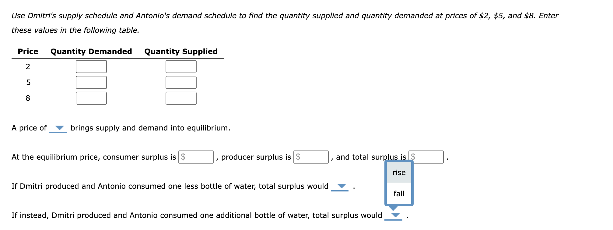 buys C] bottles of water. This v his consumer surplus to .