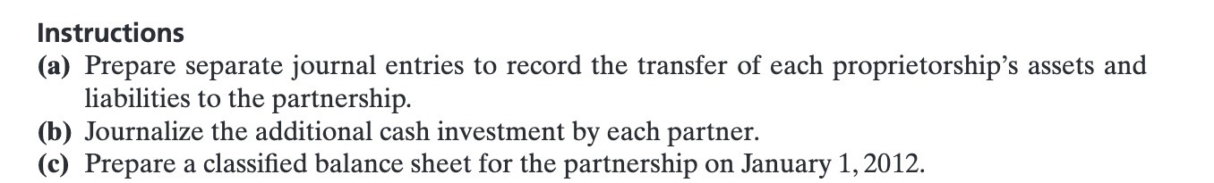 each proprietorship's assets and liabilities to the partnership. (b) Journalize the additional