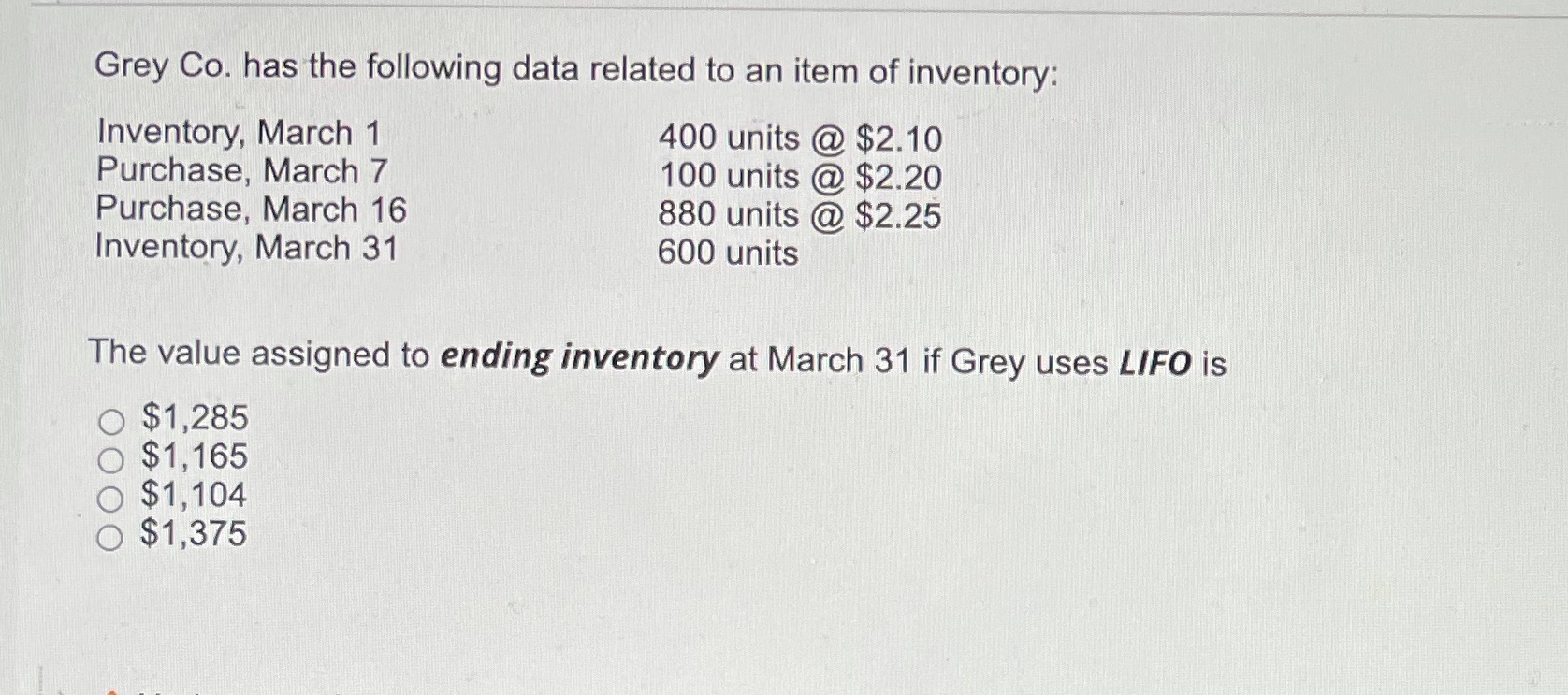 an item of inventory: Inventory, March 1 400 units @ $2.10 Purchase,