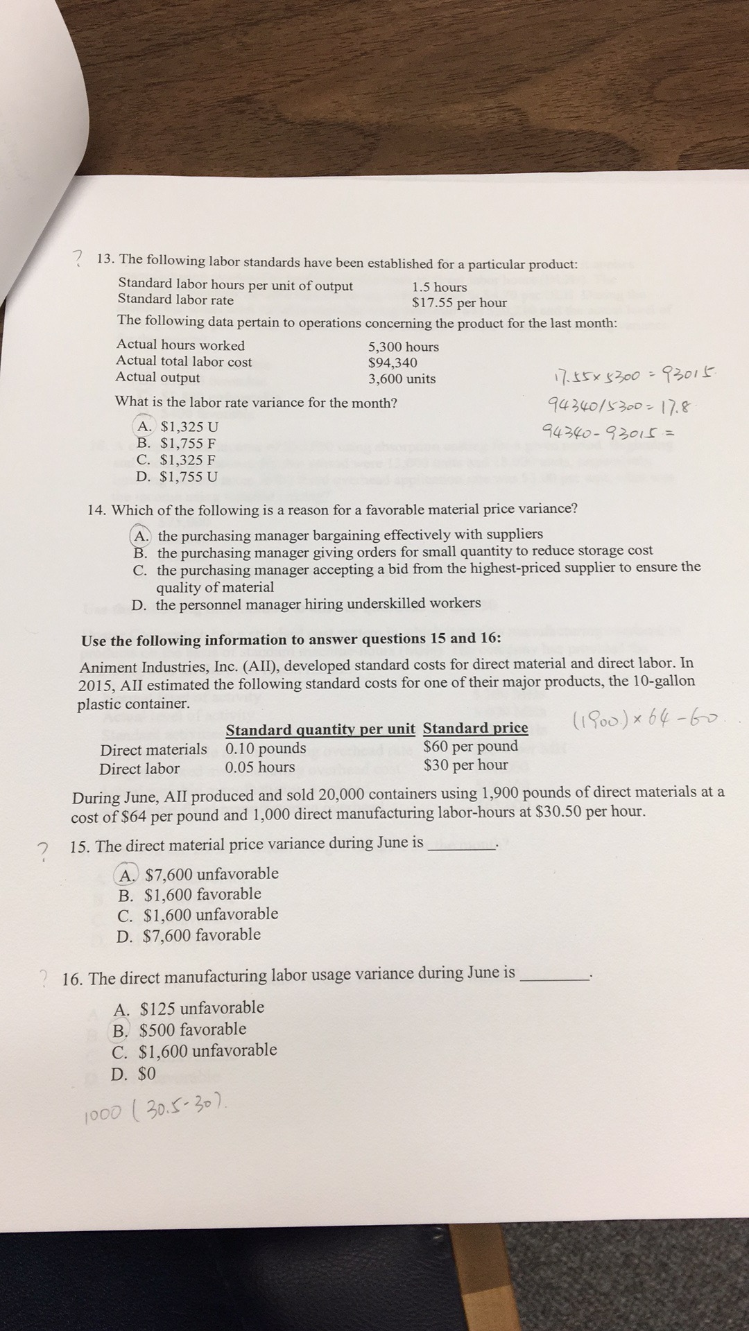 direct materials used 12,000 gallons Standard price of direct materials $5 per
