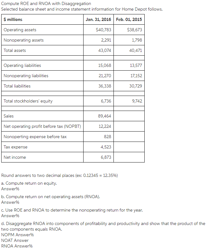 information for Home Depot follows. S millions Operating assets Nonoperating assets Total