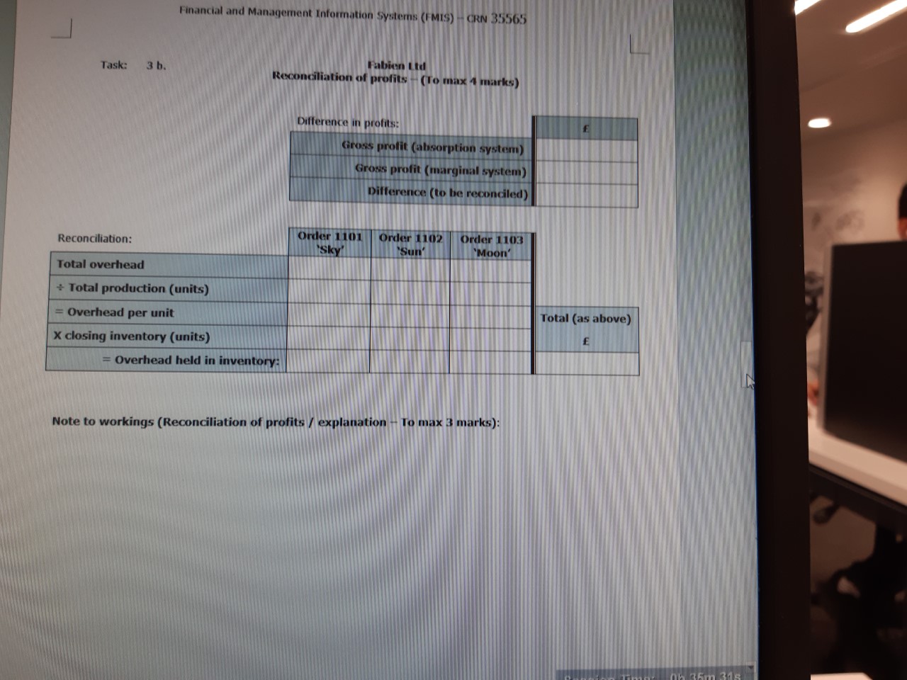 the total gross profits established using an absorption costing system (task 2