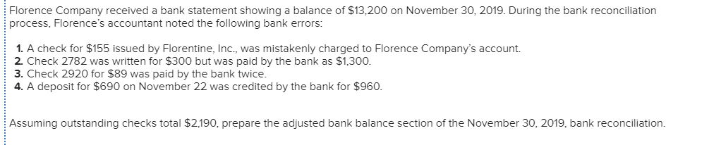 following bank errors: 1. A check for $155 issued by Florentine, Inc.,