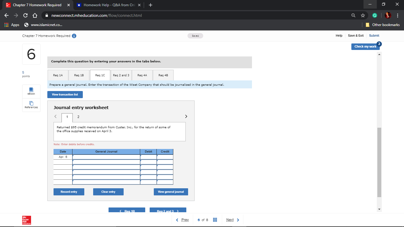 9 Returned $95 of office supplies purchased on April 3 to Custer,