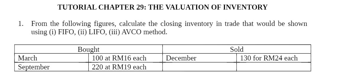  TUTORIAL CHAPTER 29: THE VALUATION OF INVENTORY 1. From the following
