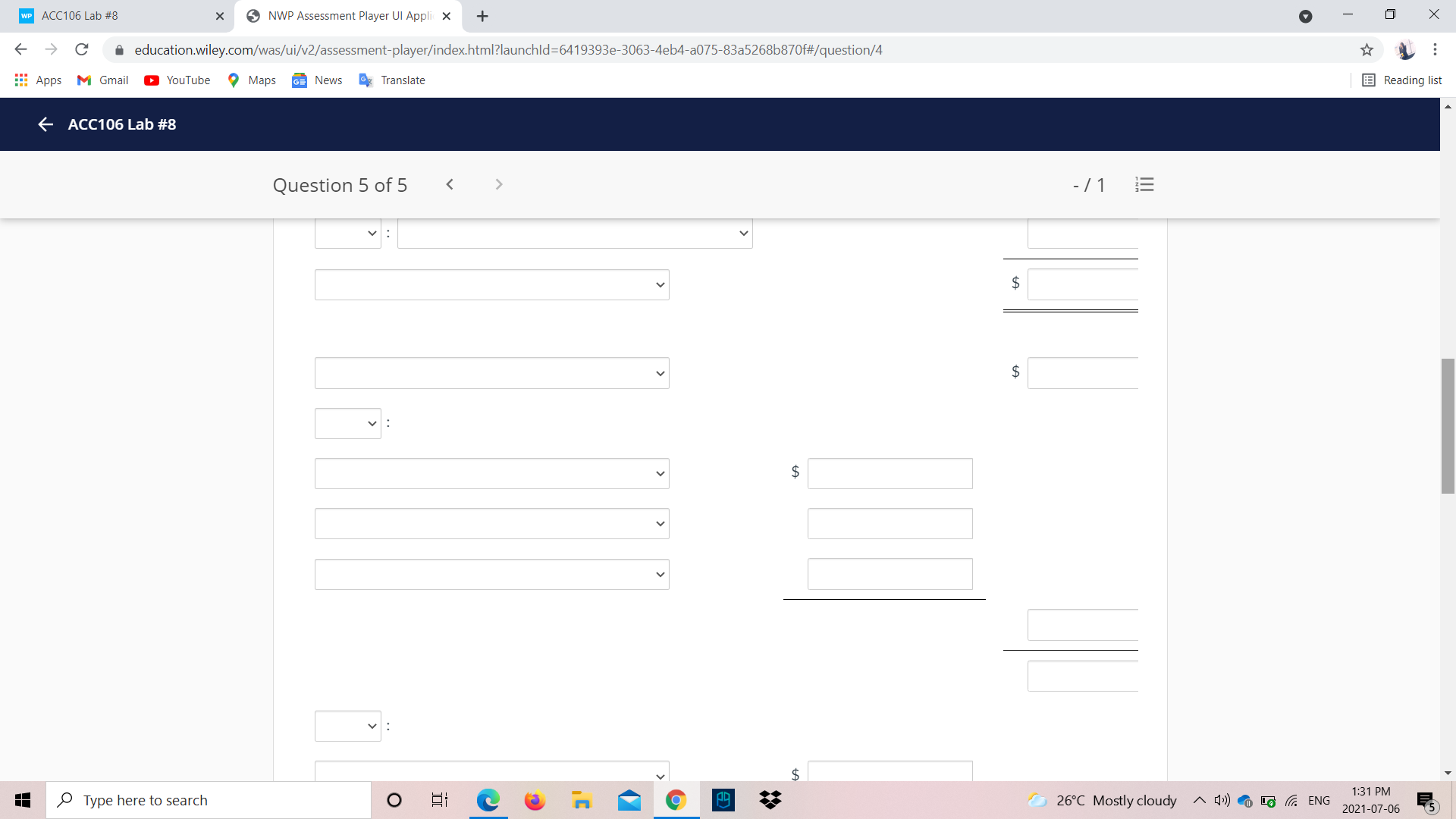 Lab #8 Question 5 of 5 C A education.wiley.com/was/ui/v2/assessment-player/index.html?launchld=6419393e-3063-4eb4-a075-83a52686870f#/question/4 Apps M Gmail