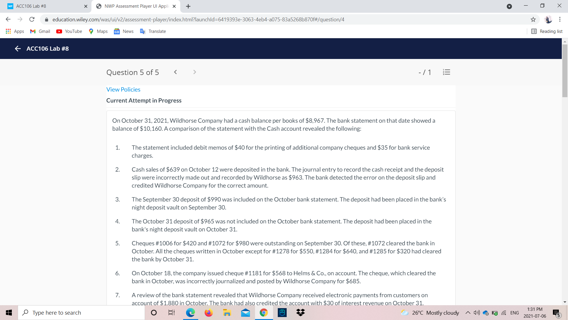 of 5 - 11 8 Prepare the bank reconciliation at October 31.