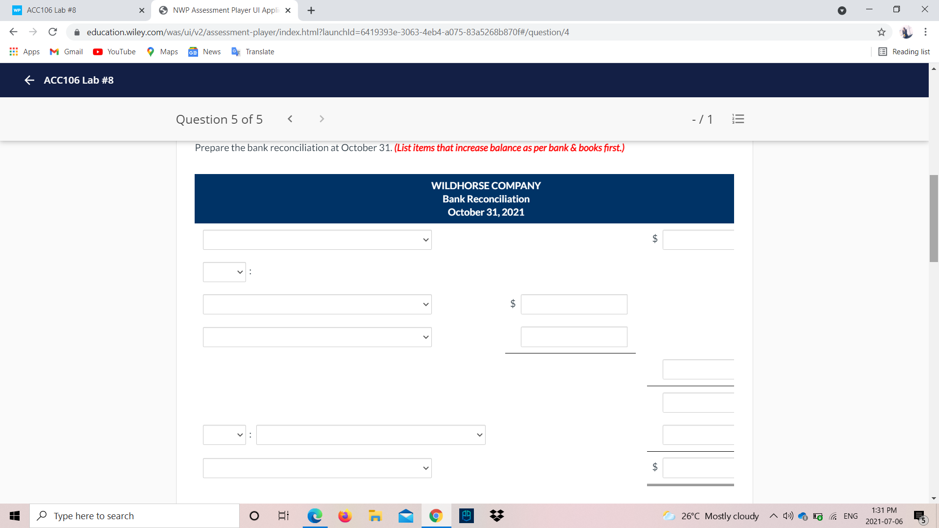 COMPANY Bank Reconciliation October 31, 2021 $ Type here to search 26