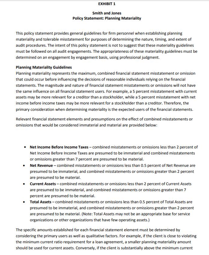 (see Exhibit 1). Donna Bennett, the audit partner, has performed a preliminary