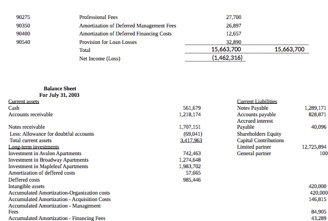 Financing Ptmision fcy Loan Losses Net Income (LOSS) Bal Sheet For July
