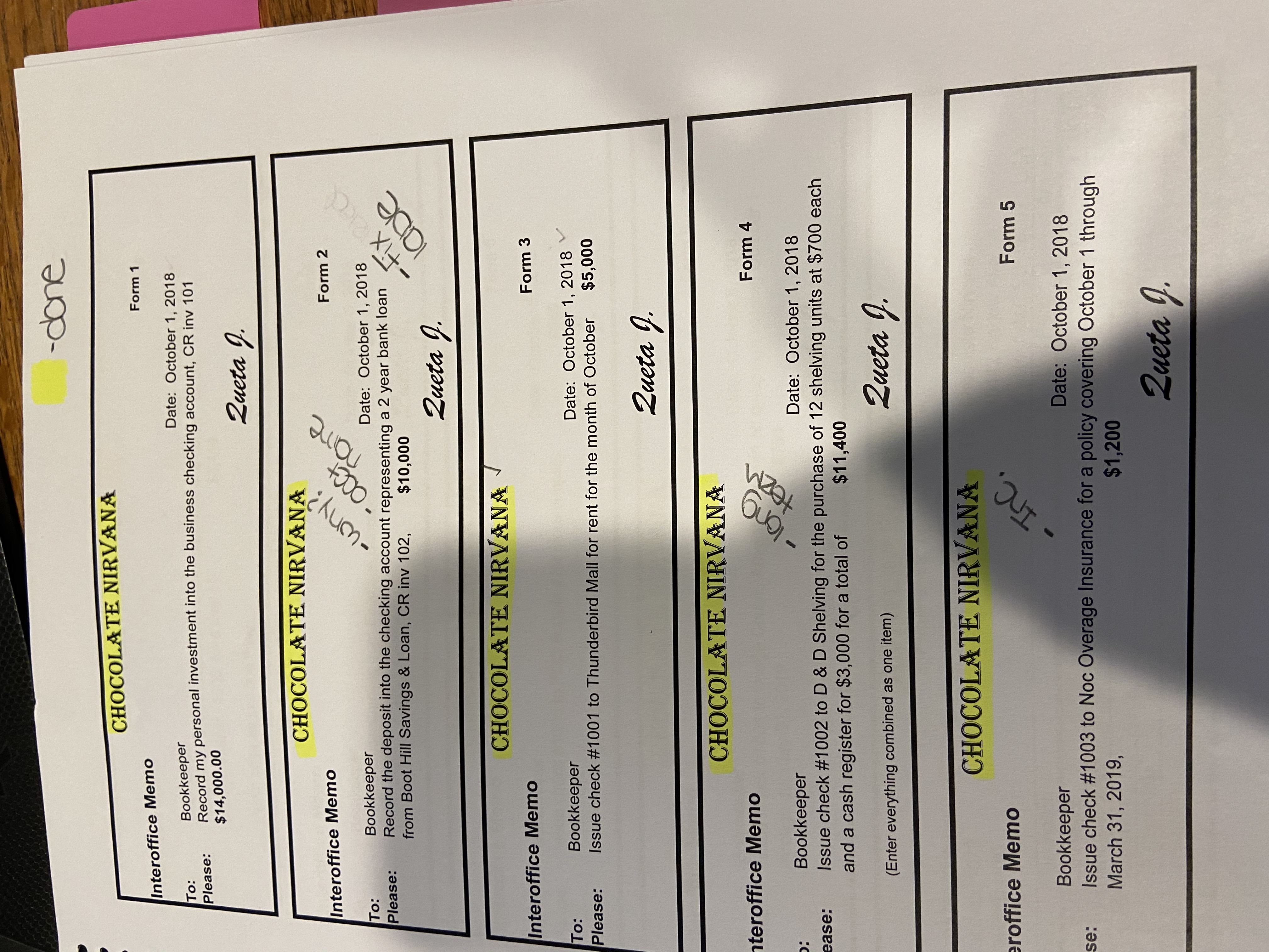- done CHOCOLATE NIRVANA Interoffice Memo Form 1 To: Bookkeeper Date: