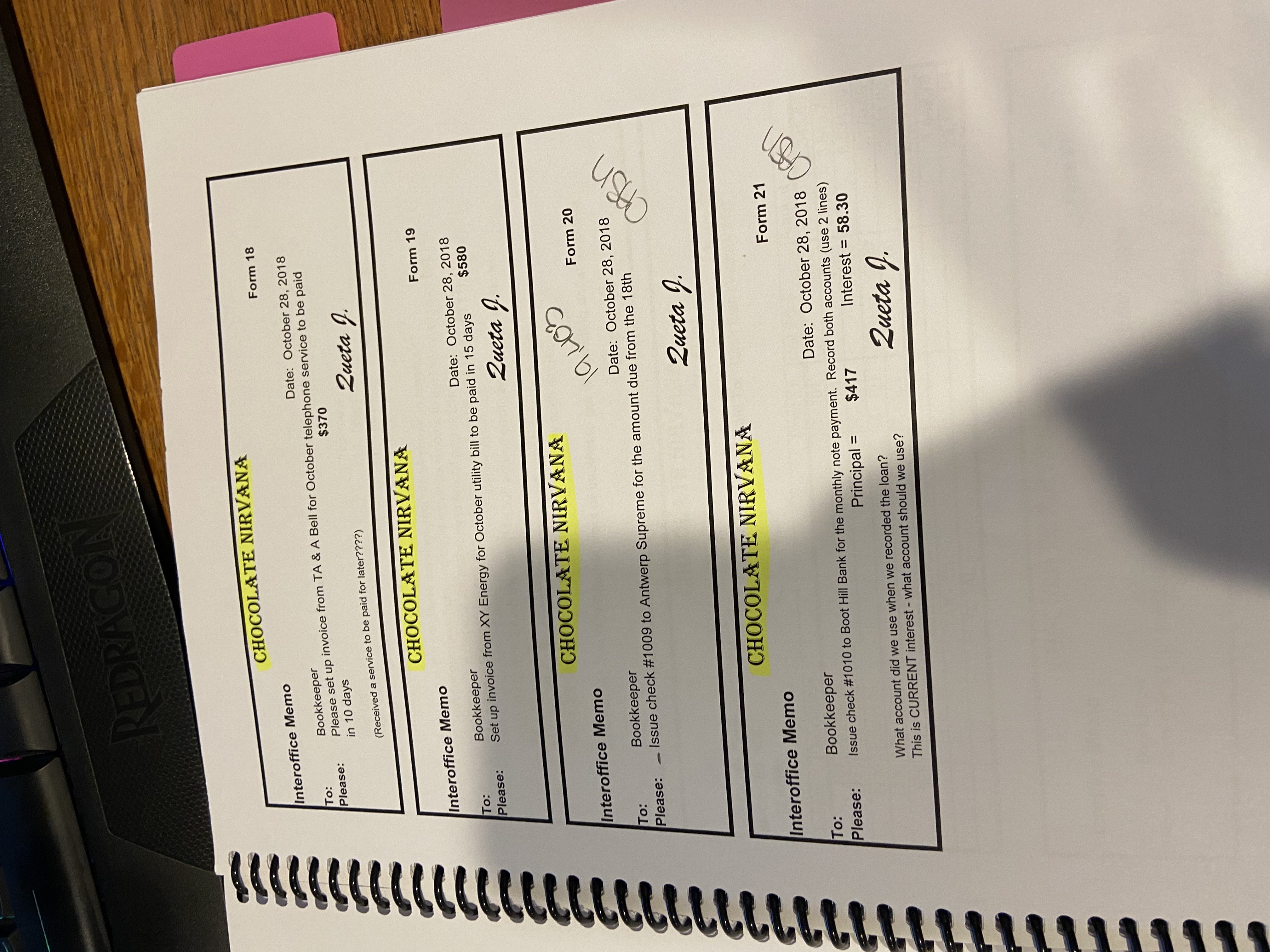 ! aact name Form 2 To: Bookkeeper Date: October 1, 2018 Please: