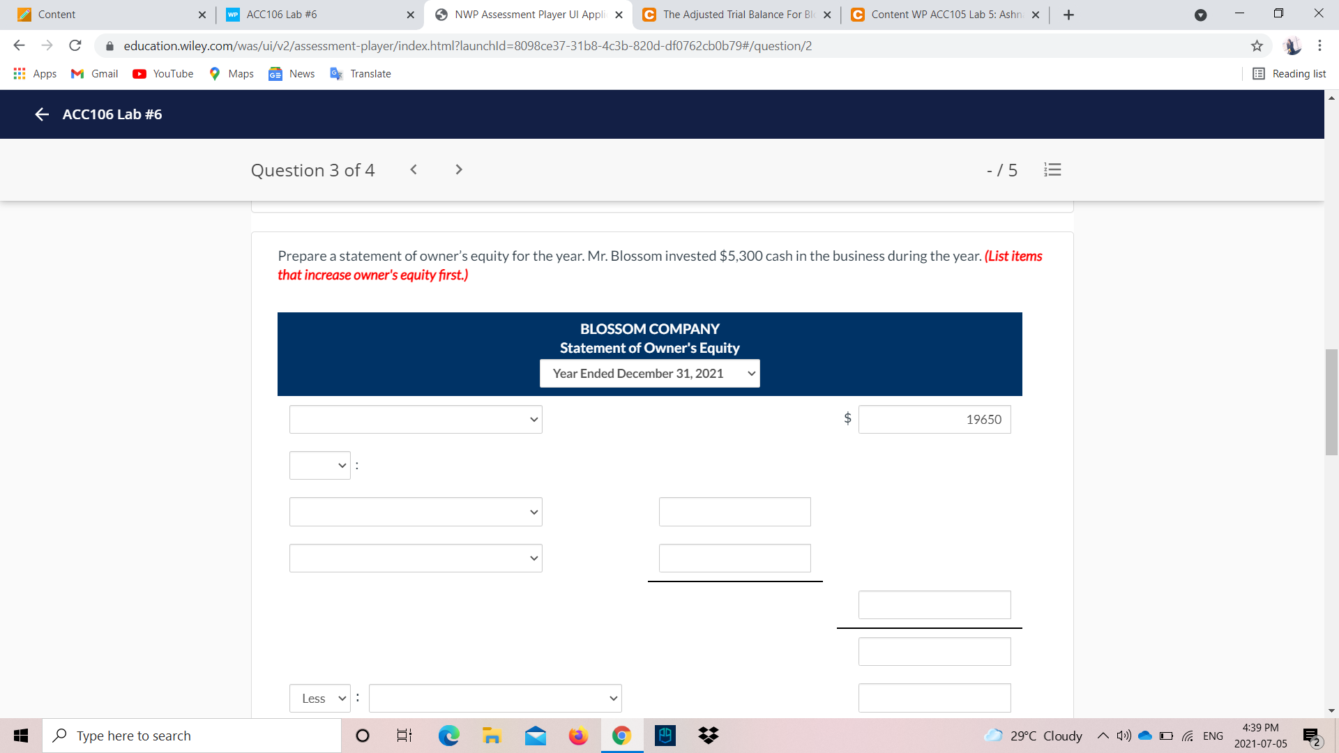 C Content WP ACC105 Lab 5: Ashn. X + X education.wiley.com/was/ui/v2/assessment-player/index.html?launchld=8098ce37-3168-4c3b-820d-df0762cb0b79#/question/2 Apps