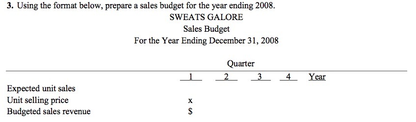  3. Using the format below, prepare a sales budget for the