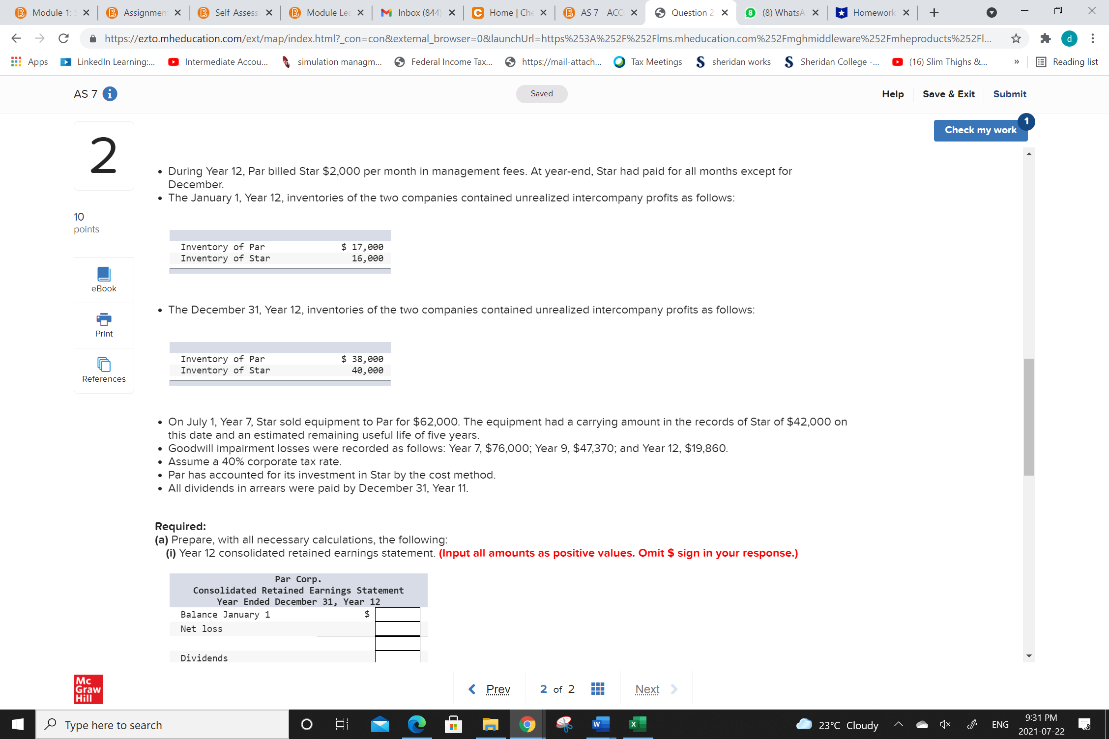 Year 12, are shown below: BALANCE SHEETS 10 At December 31, Year