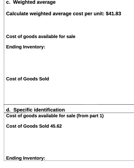 of goods available for sale Ending Inventory: Cost of Goods Sold d.