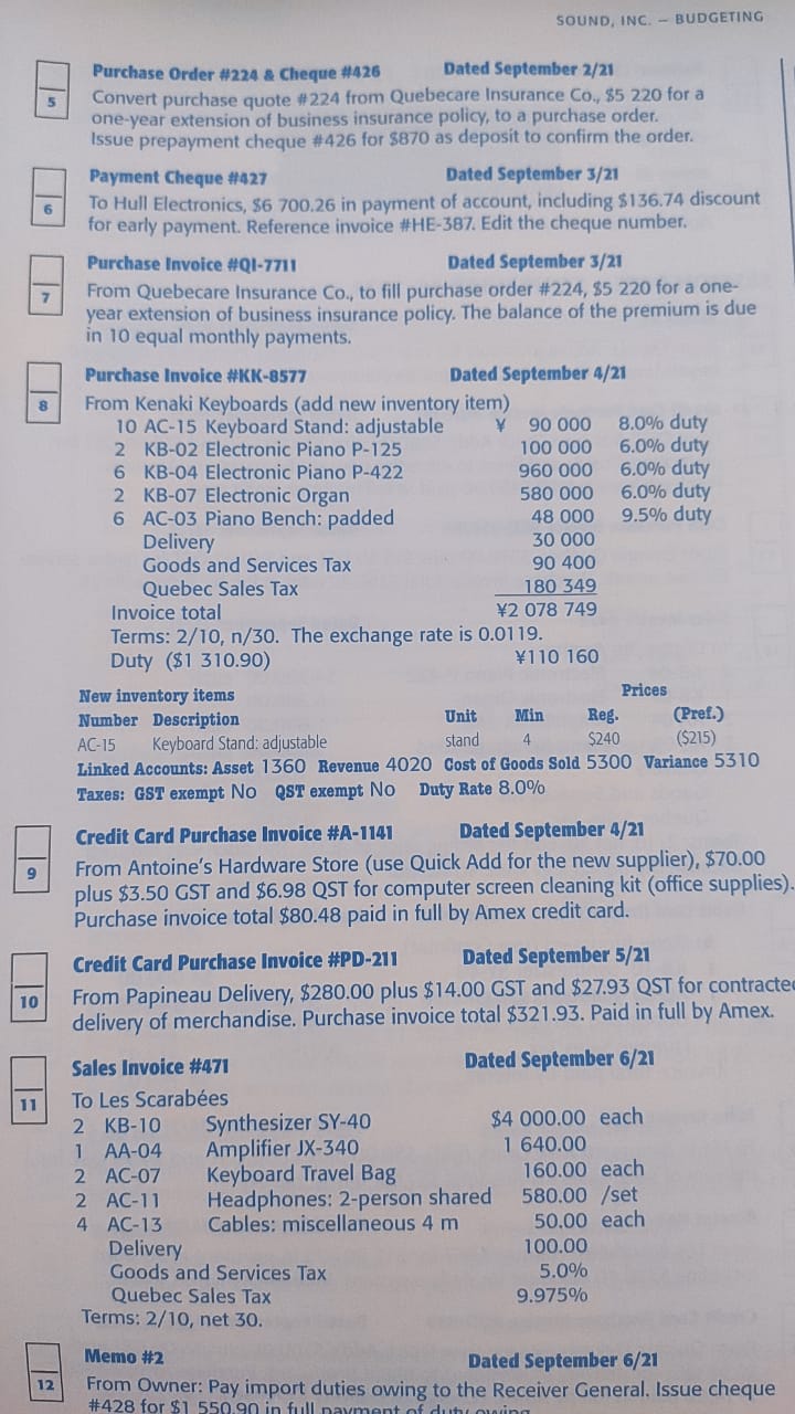 Memo #4 Dated September 8/21 15 From Owner: Adjust inventory for one