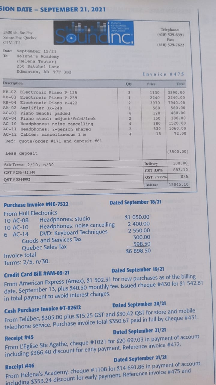 Dated September 13/21 17 From Energie Quebec, $310.00 plus $15.50 GST and