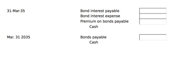 Premium on bonds payable* Cash Mar . 31 2035 Bonds payable Cash