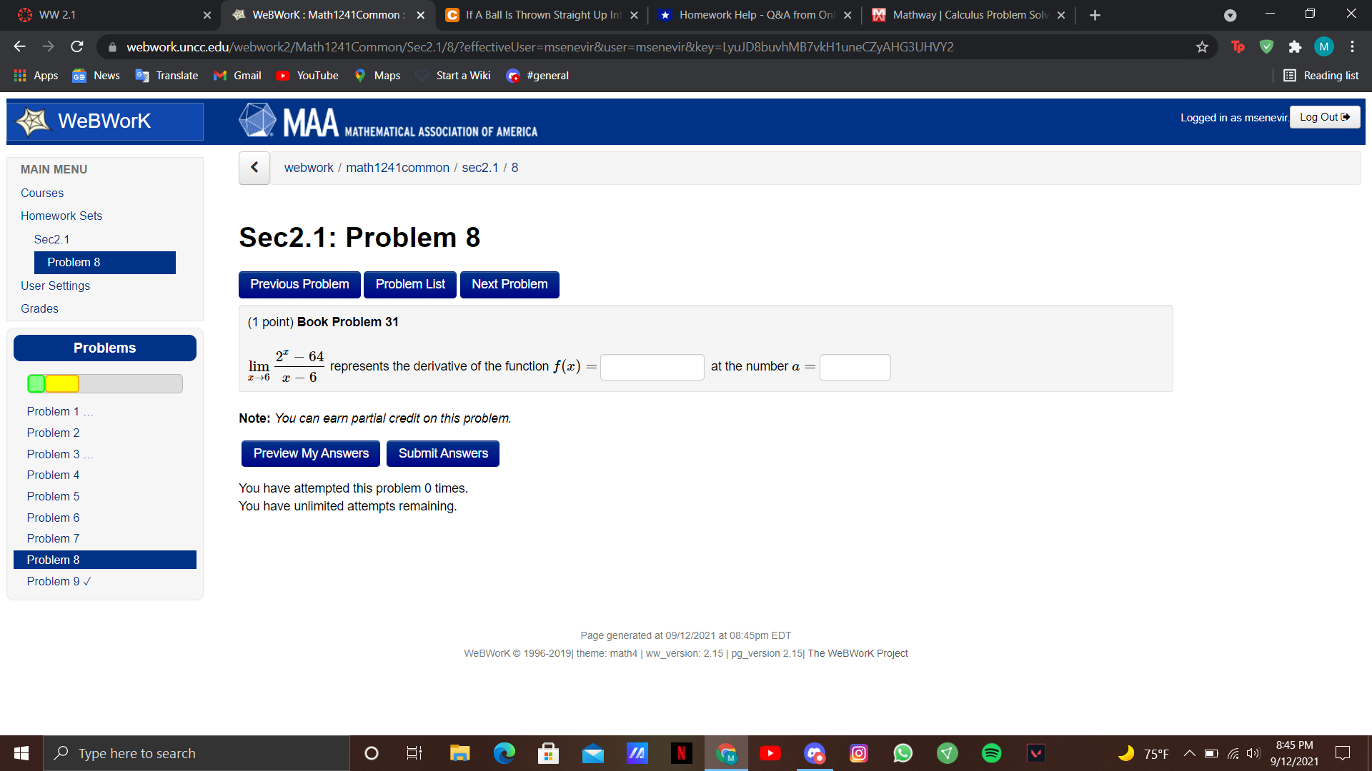 3 User Settings Previous Problem Problem List Next Problem Grades Results for