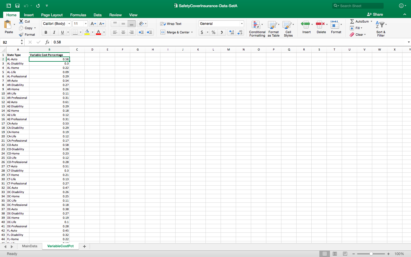 Type" as the lookup value and the information in the "VariableCostPct" tab