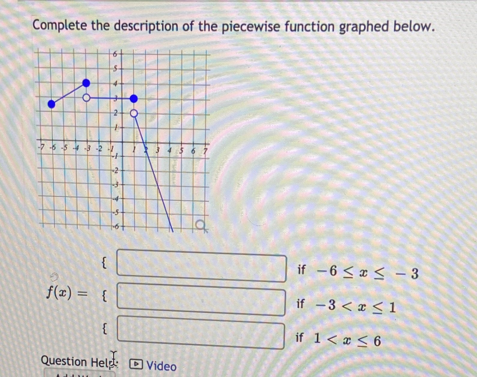 help please Complete the description of the piecewise function graphed below.