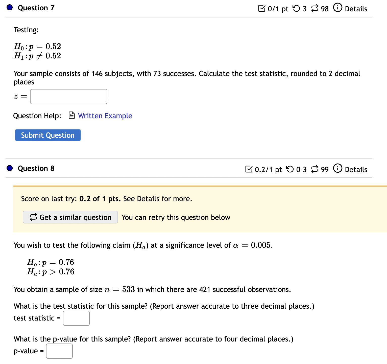 n = 533 in which there are 421 successful observations. What is