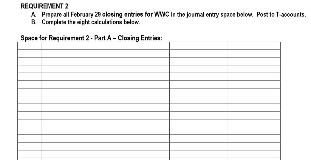 REQUIREMENT 2 A. Prepare all February 29 closing entries for WWC in