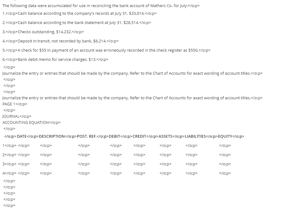 The following data were accumulated for use in reconciling the bank account