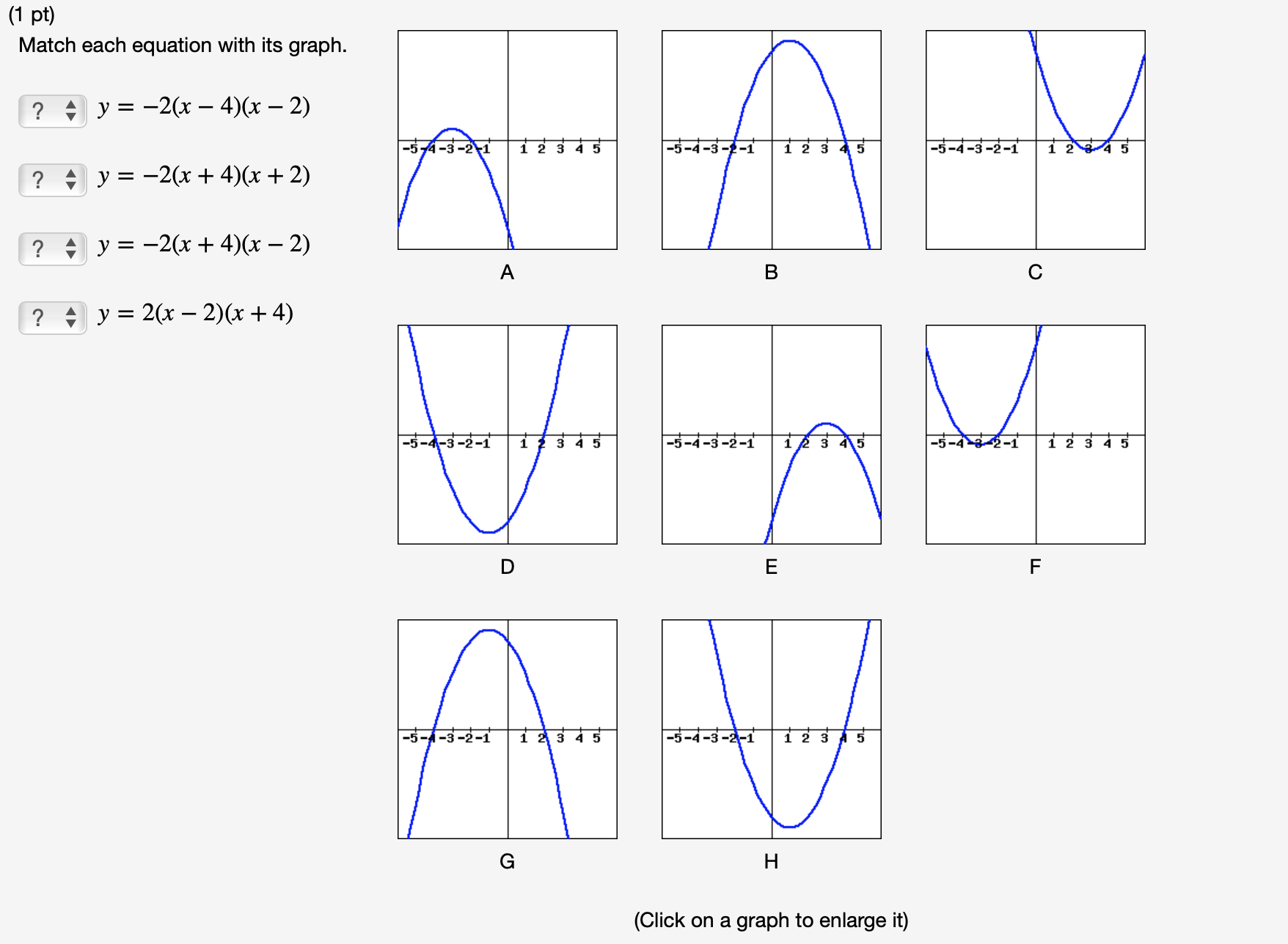 (1 pt) Match each equation with its graph. y = 2(x