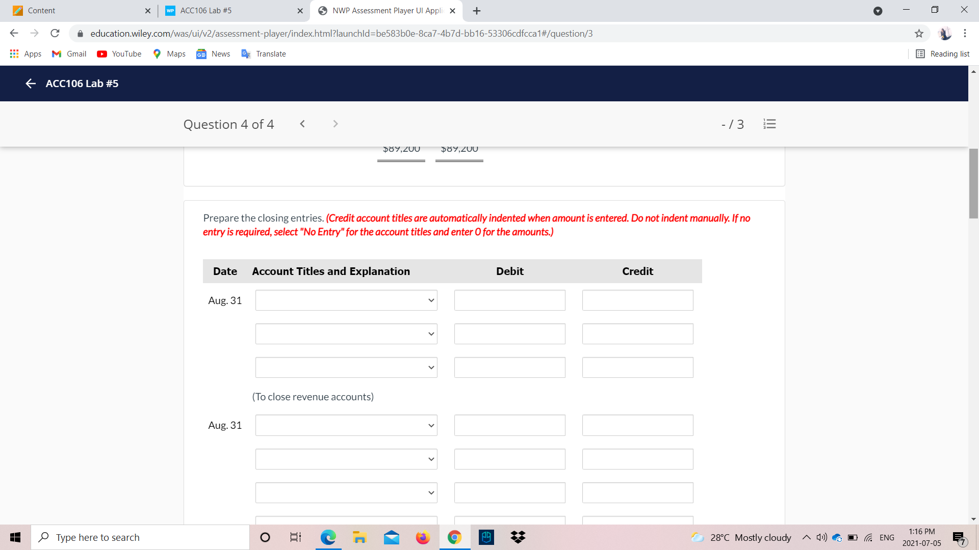 (To close income summary) Aug. 31 Type here to search O 28C