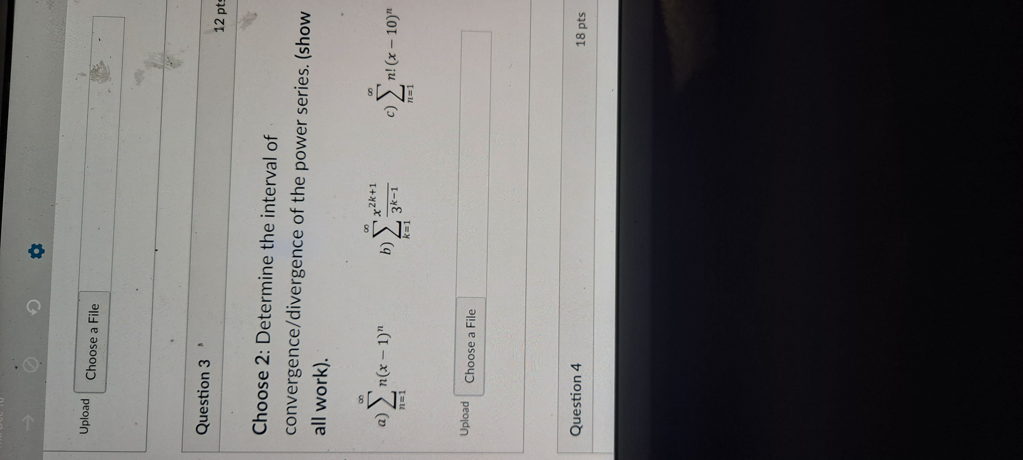 the interval of convergence/divergence of the power series. (show all work). 00