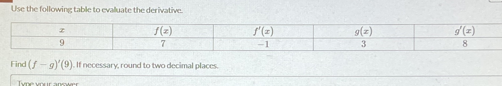  Please help. Use the following table to evaluate the derivative. f