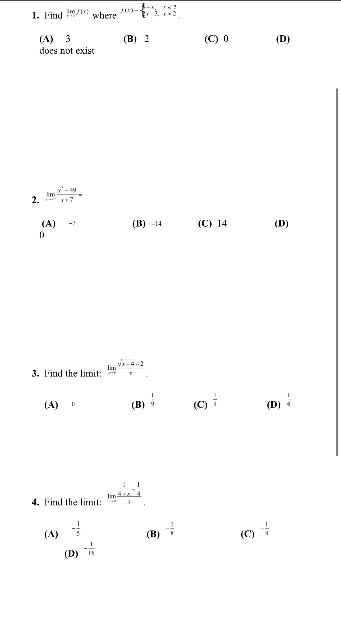 14 9 (B) (C) (C) 4 14 3. 4. Find the limit: