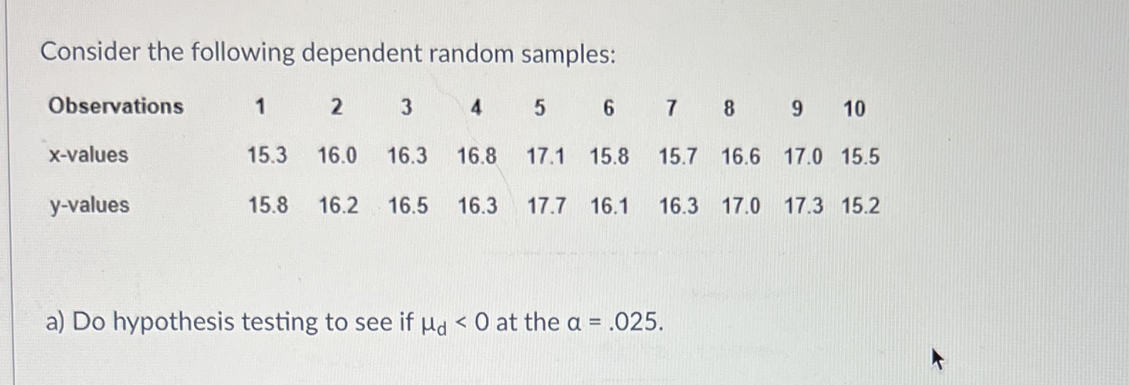 Consider the following dependent random samples: Observations 2 3 4 5