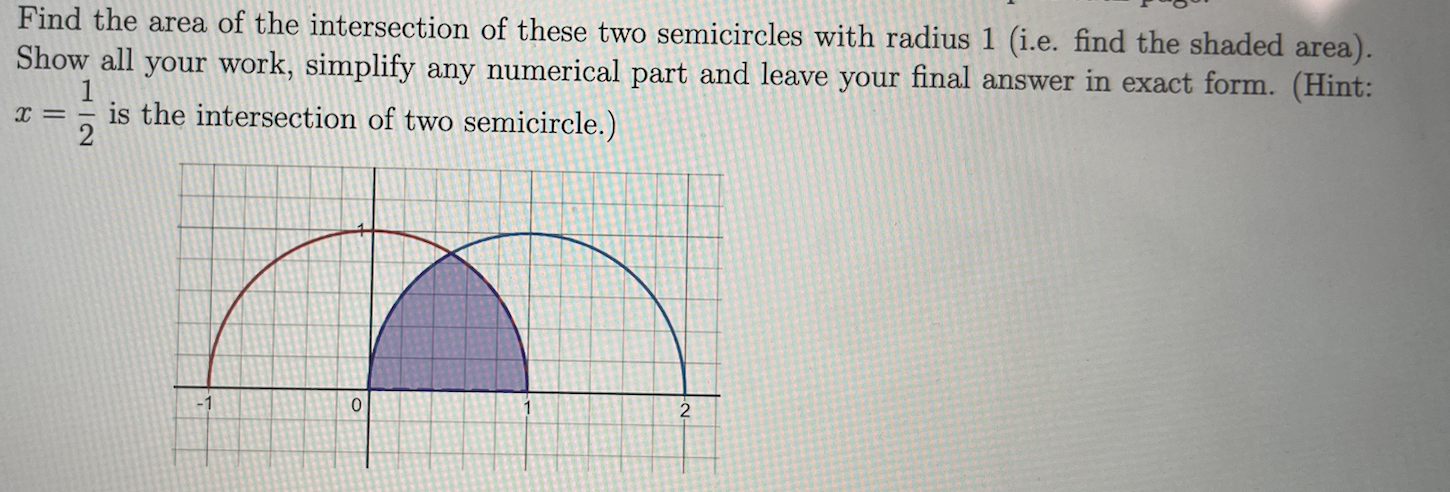 of the intersection of these two semicircles with radius 1 (i.e. find