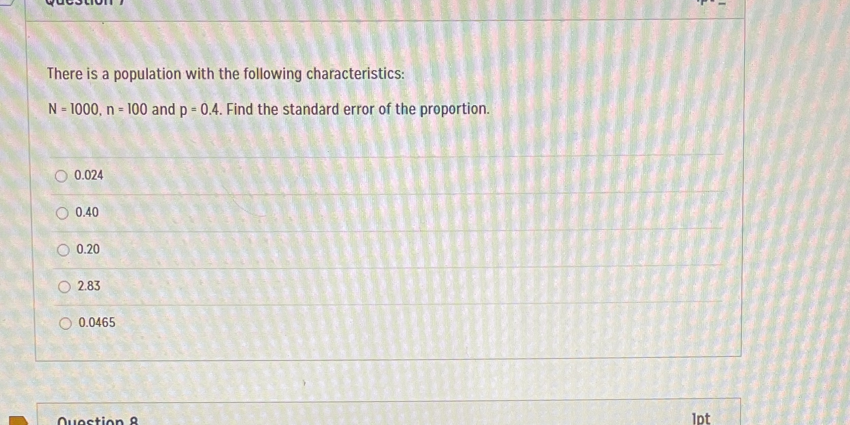 following characteristics: N = 1000, n = 100 and p = 0.4.