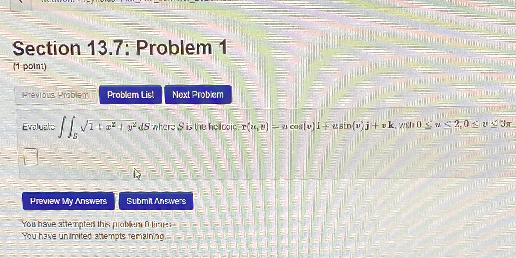  Section 13.7: Problem 1 (1 point) Previous Problem Problem List Next