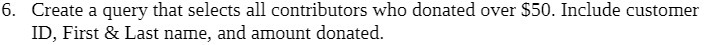 6. Create a query that Selects all contributors who donated over