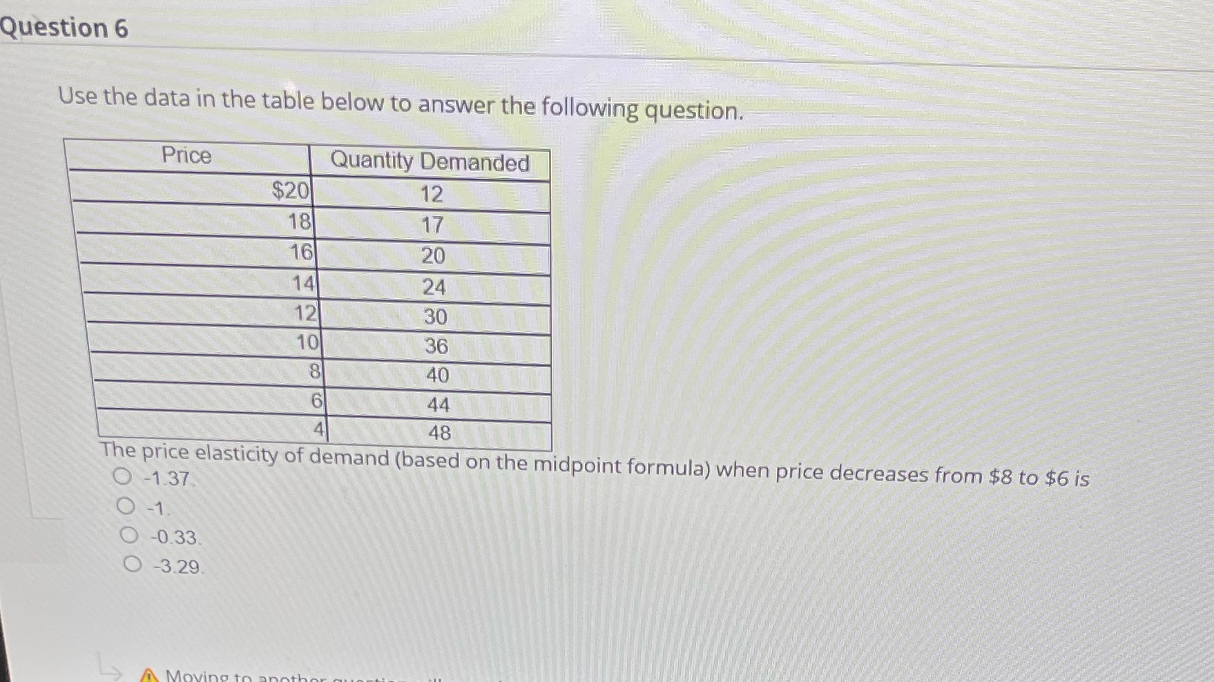 answer the following question. Price Quantity Demanded $20 12 18 17 16