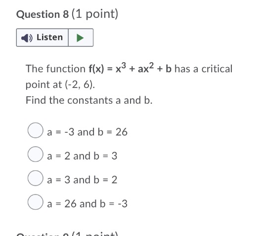 = x3 + ax2 + b has a critical point at (-2,