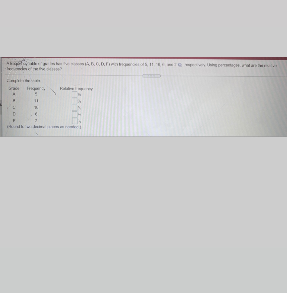 D, F) with frequencies of 5, 11, 16, 6, and 2 respectively.