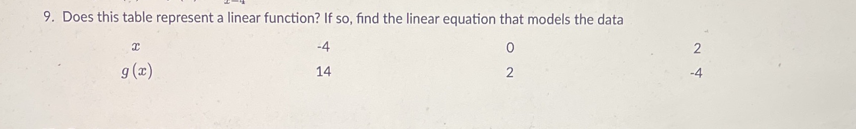  9. Does this table represent a linear function? If so, find