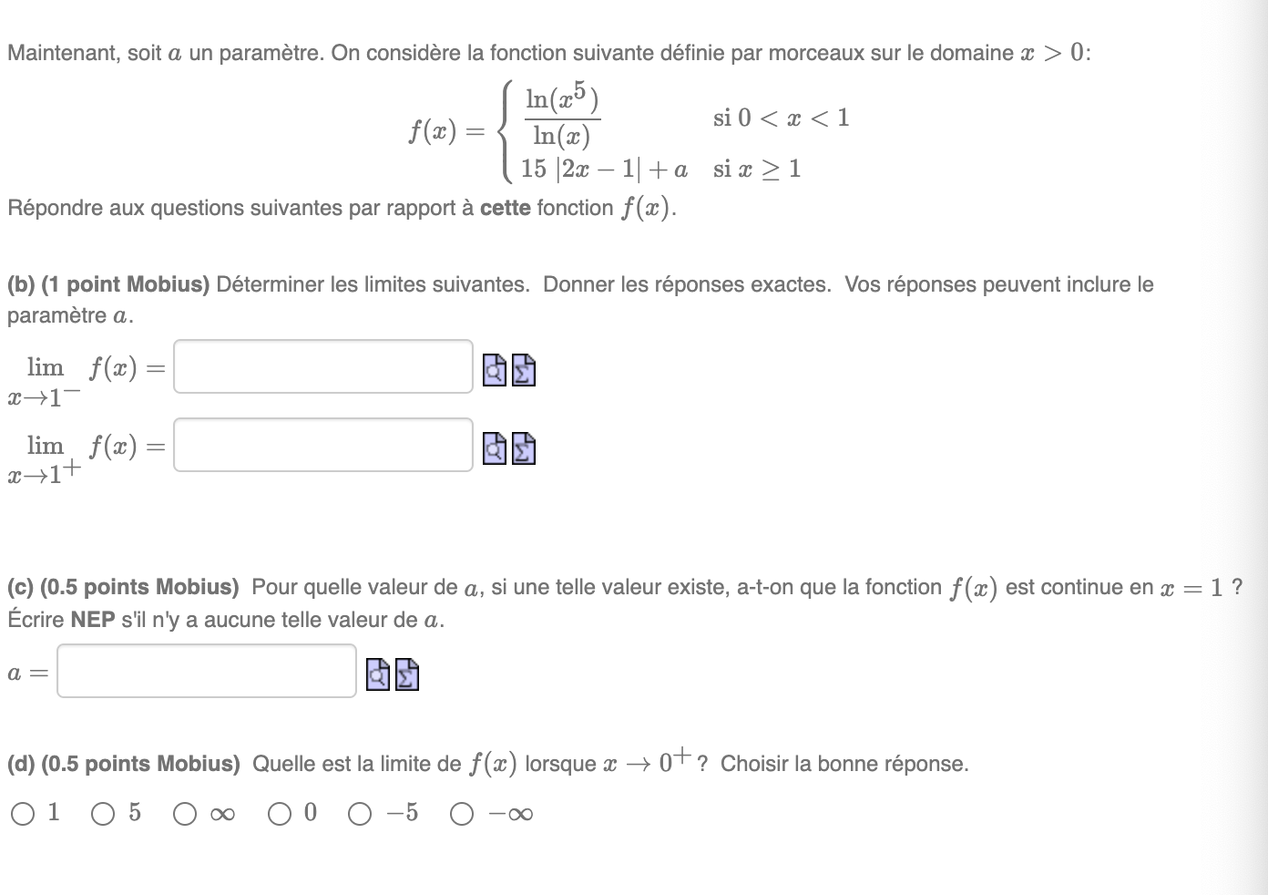 morceaux sur le domaine > 0: In(x5 ) si 0 < c