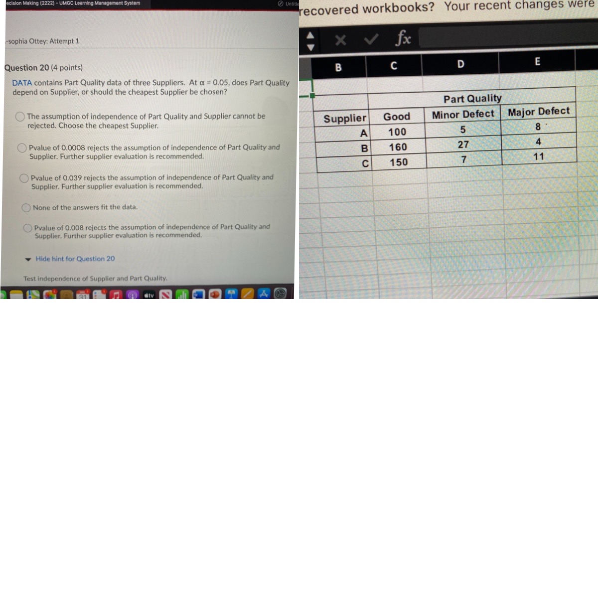 contains Part Quality data of three Suppliers. At a = 0.05, does