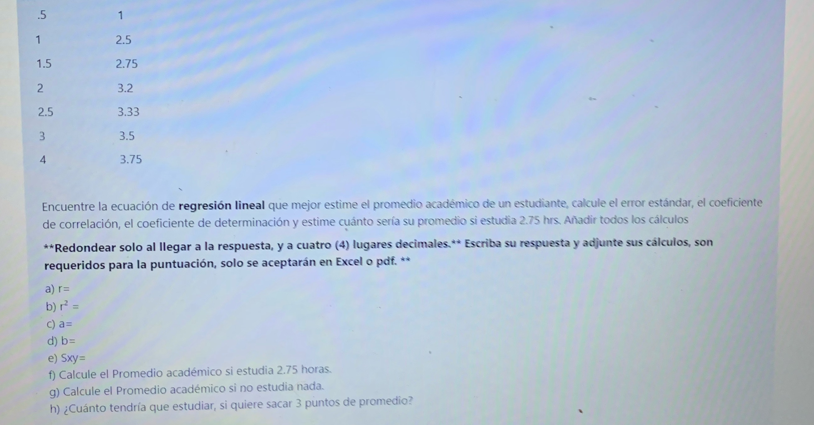 3.75 Encuentre la ecuacin de regresin lineal que mejor estime el premedie