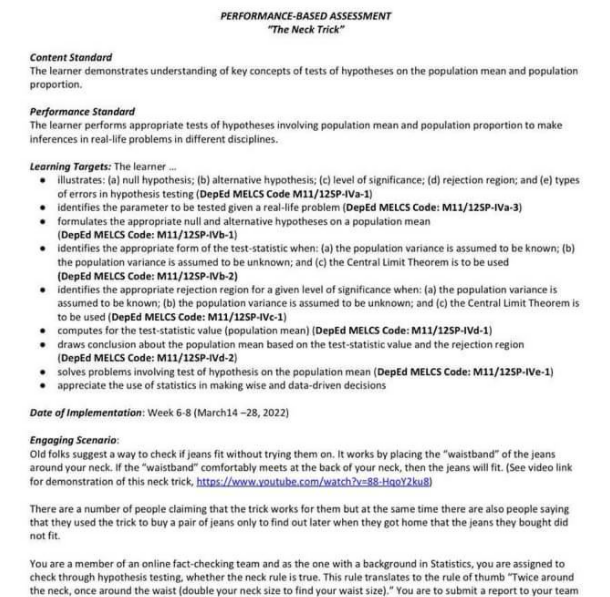  PERFORMANCE-BASED ASSESSMENT "The Neck Trick" Content Standard The learner demonstrates understanding