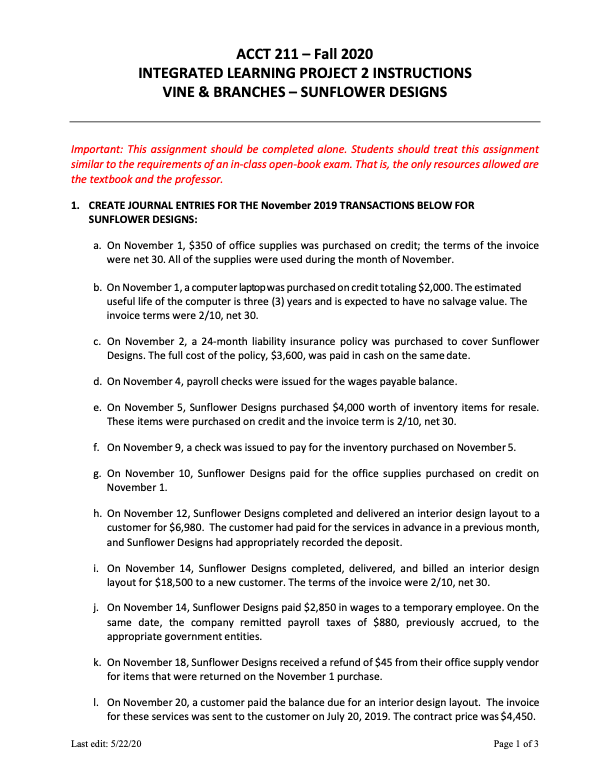  ACCT 211 - Fall 2020 INTEGRATED LEARNING PROJECT 2 INSTRUCTIONS VINE