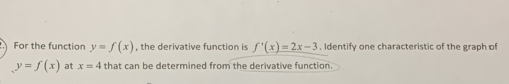 is f'(x) = 2x -3. Identify one characteristic of the graph of